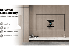 Charger l&#39;image dans la galerie, TV monté sur un mur avec un support TV. Texte sur la compatibilité universelle affiché.
