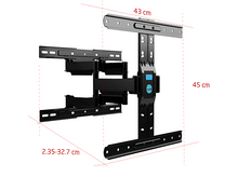 Charger l&#39;image dans la galerie, Un support de télévision noir avec des mesures. Le support est conçu pour être monté sur un mur.
