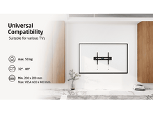 Charger l&#39;image dans la galerie, Mur blanc avec support TV et cadre TV avec texte.
