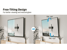 Charger l&#39;image dans la galerie, Deux images montrent un support TV. L&#39;image de droite a une TV inclinée. Le texte explique la fonction d&#39;inclinaison.

