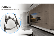 Charger l&#39;image dans la galerie, Un support TV et un téléviseur, montrant les capacités d&#39;orientation.
