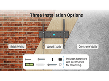 Charger l&#39;image dans la galerie, Schéma montrant les options d&#39;installation du support TV : briques, montants en bois et murs en béton. Comprend le matériel.
