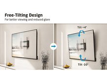 Charger l&#39;image dans la galerie, Deux téléviseurs montés sur des murs blancs. Un plat, un incliné avec des flèches. Texte : Free-Tilting Design.
