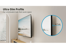 Charger l&#39;image dans la galerie, Un téléviseur monté sur un mur et une vue circulaire de son profil fin.
