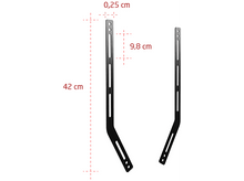Charger l&#39;image dans la galerie, Deux supports métalliques noirs avec dimensions : 42 cm de long, 0,25 cm de large et 9,8 cm de distance entre les trous.
