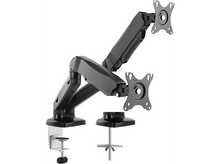 Charger l&#39;image dans la galerie, Bras de moniteur noir pour deux écrans, avec des vis et une base.
