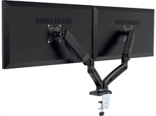 Charger l&#39;image dans la galerie, Deux moniteurs noirs montés sur un bras double, sur fond blanc.
