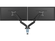 Charger l&#39;image dans la galerie, Deux moniteurs d&#39;ordinateur montés sur un bras réglable. Ils sont tournés dans la direction opposée du spectateur.
