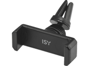 Support de téléphone de voiture noir avec logo 'ISY'. Il a un clip pour aération et un support de téléphone.