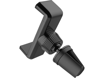 Un support de téléphone de voiture noir avec une rotule et une pince de ventilation, isolé sur blanc.