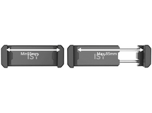 Charger l&#39;image dans la galerie, Deux supports de téléphone noirs, montrant la plage de largeur minimale et maximale avec des flèches blanches.
