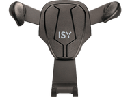 Support de téléphone noir avec le logo 'ISY'. Fond corail et turquoise.