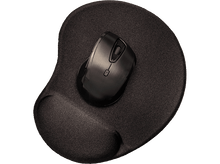 Charger l'image dans la galerie, Souris noire sur un tapis de souris ergonomique noir et un bloc-notes avec un fond orange. Clavier en arrière-plan.
