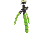 Trépied de caméra flexible. Jambes vertes segmentées, tête noire et support.