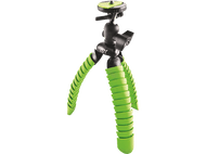 Trépied de caméra flexible. Jambes vertes segmentées, tête noire et support.