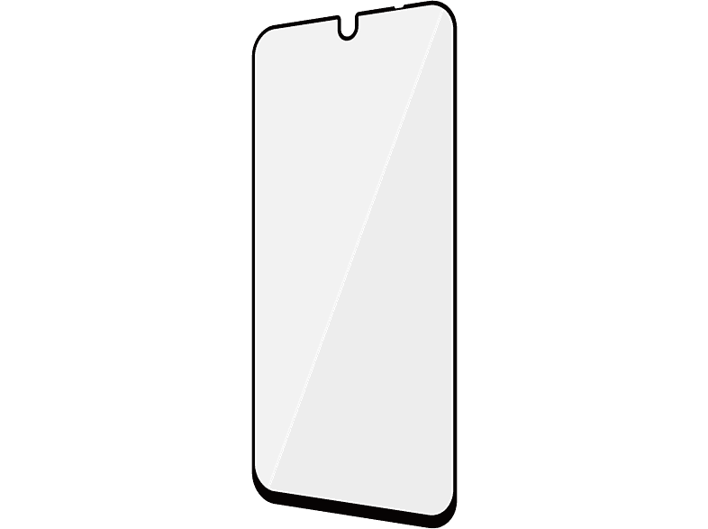Un smartphone noir avec un écran blanc. L'écran est incliné en diagonale sur le devant.