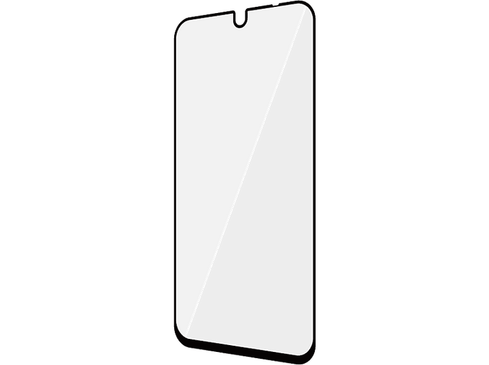 Un smartphone noir avec un écran blanc. L'écran est incliné en diagonale sur le devant.
