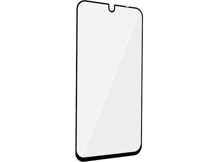 Un smartphone noir avec un écran gris clair, vue en angle.