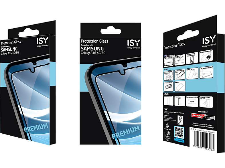 Trois boîtes de protections d'écran de téléphone. Elles sont en noir et blanc avec des détails du produit.