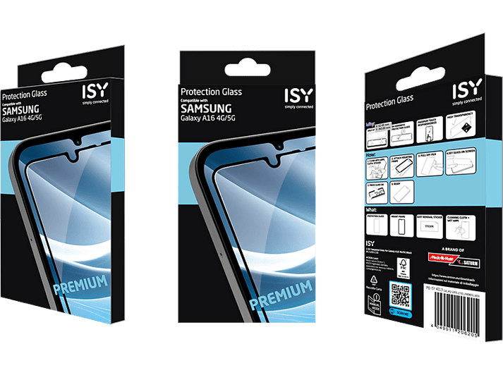 Trois boîtes de protections d'écran de téléphone. Elles sont en noir et blanc avec des détails du produit.