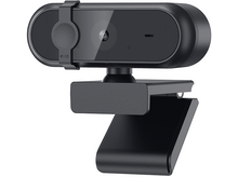 Charger l&#39;image dans la galerie, Une webcam noire sur un support. Elle possède un objectif d&#39;appareil photo, un microphone et un clip.
