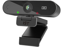 Charger l&#39;image dans la galerie, Une webcam noire avec étiquette 4K. Lumières vertes et rouges visibles. Marque &#39;ISY&#39; sur le support.
