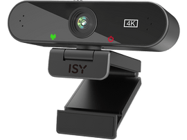 Une webcam noire avec étiquette 4K. Lumières vertes et rouges visibles. Marque 