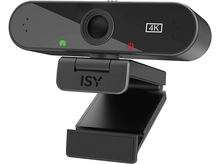 Charger l&#39;image dans la galerie, Une webcam 4K noire, avec un objectif et des LED d&#39;état, montée sur un support noir réglable.
