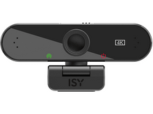 Charger l&#39;image dans la galerie, Une webcam ISY noire avec étiquette 4K. Elle a des voyants vert et rouge, et un support.

