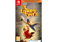 Couverture du jeu It Takes Two : deux personnages suspendus à un pissenlit.