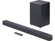 Une barre de son et un caisson de basses. Une télécommande est en bas à gauche. Tout est gris foncé.