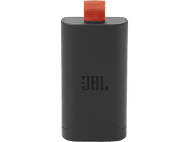 Haut-parleur JBL noir. Sangle orange sur le dessus. Fond noir.