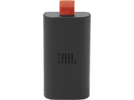 Haut-parleur JBL noir. Sangle orange sur le dessus. Fond noir.