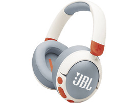 Casque JBL gris et blanc avec des accents orange.