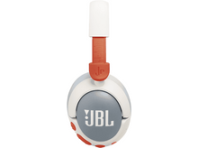 Charger l&#39;image dans la galerie, Casque JBL blanc et orange. Écouteurs gris avec le logo JBL. Fond blanc.
