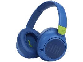 Casque JBL Jr. bleu avec des accents verts et le logo JBL sur les écouteurs.