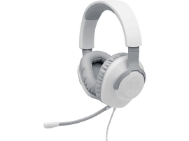 Casque JBL blanc et gris avec un microphone. Le logo JBL est visible sur les oreillettes.