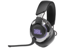 Charger l&#39;image dans la galerie, Casque de jeu JBL noir et argent avec micro et lumière violette sur l&#39;écouteur.
