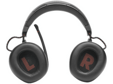 Charger l&#39;image dans la galerie, Casque de jeu noir avec des accents rouges. Le microphone est à gauche. Les oreillettes sont marquées L et R.
