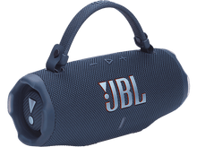 Charger l&#39;image dans la galerie, Un haut-parleur bleu avec une poignée. Le logo JBL est visible sur le devant. Le haut-parleur est allongé et de forme ovale.
