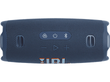 Charger l&#39;image dans la galerie, Une enceinte JBL bleue. Elle possède des boutons de commande et le logo JBL en orange.
