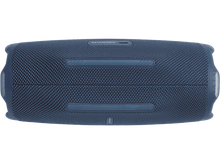 Charger l&#39;image dans la galerie, Haut-parleur JBL bleu, forme rectangulaire, texture en maille. Vue de dessus, fond noir.
