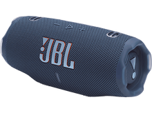 Charger l&#39;image dans la galerie, Haut-parleur JBL bleu, avec le logo JBL orange, sur fond noir, montrant les caractéristiques du haut-parleur.
