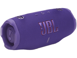 Haut-parleur Bluetooth JBL violet. Cylindrique avec commandes et logo JBL.