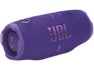 Haut-parleur Bluetooth JBL violet. Cylindrique avec commandes et logo JBL.