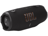 Haut-parleur JBL noir avec logo orange. Maille texturée foncée. Boutons sur le dessus. Accents noirs et gris.