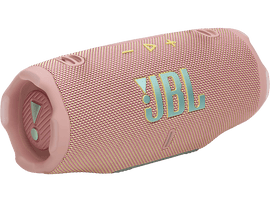 Enceinte JBL rose, avec le logo JBL en turquoise, avec des boutons de commande visibles.