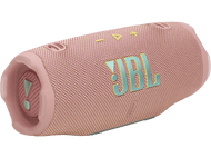 Enceinte JBL rose, avec le logo JBL en turquoise, avec des boutons de commande visibles.