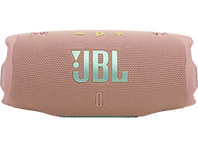 Charger l&#39;image dans la galerie, Enceinte JBL Charge 5, rose, avec le logo JBL en sarcelle. Vue en angle, fond noir.
