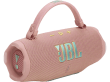 Charger l&#39;image dans la galerie, Enceinte JBL rose avec une poignée. Forme cylindrique avec le logo JBL en bleu.
